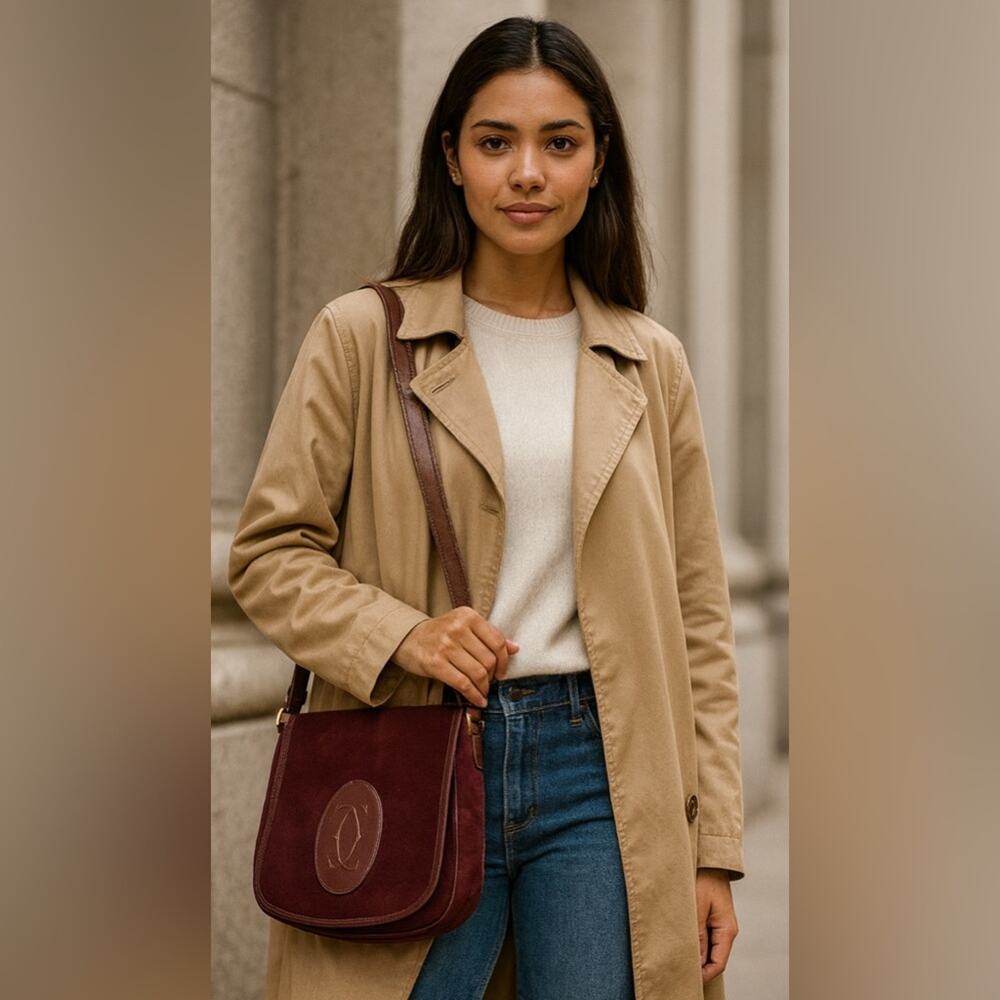 Vintage Cartier Burgundy Suede Bag w/ Leather Trim & Logo Emboss Crossbody